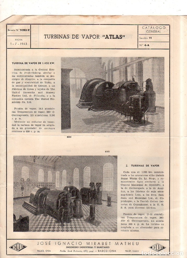 Catalogues publicitaires: CATALOGO PUBLICITARIO TURBINA DE VAPOR ATLAS. 1943.