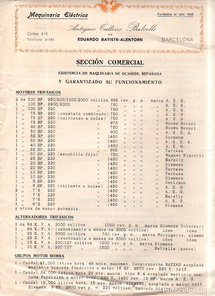 Catalogues publicitaires: CATALOGO PUBLICITARIO TALLERES BALCELLS. MAQUINARIA ELECTRICA. LISTADO DE MATERIAL. VER.