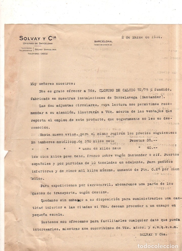 Catalogues publicitaires: CARTA COMERCIAL. SOLVAY Y CIA. BARCELONA, 2 DE MARZO DE 1934.