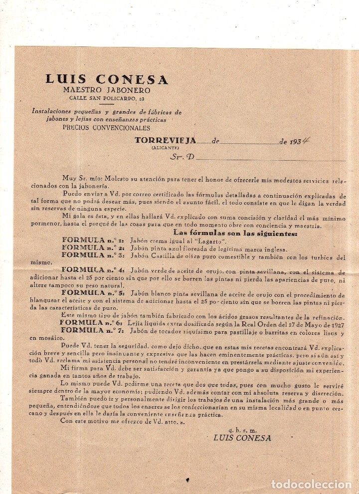Catalogues publicitaires: CARTA COMERCIAL. LUIS CONESA. MAESTRO JABONERO. TORREVIEJA, 1934.