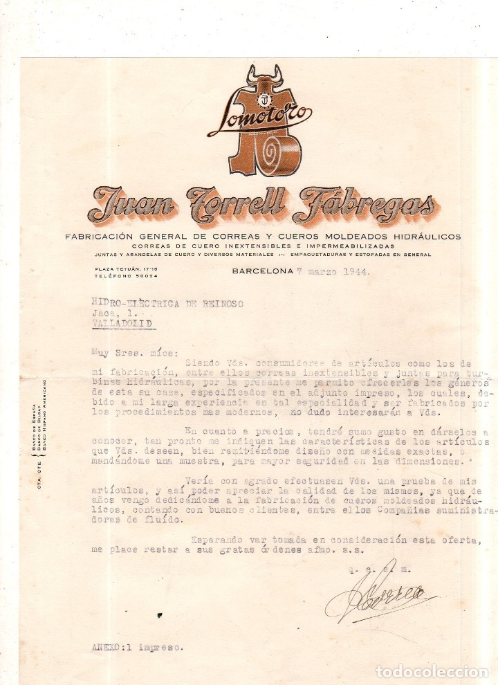 Catalogues publicitaires: CARTA COMERCIAL. JUAN TORRELL FABREGAS. LOMOTORO. 1944.