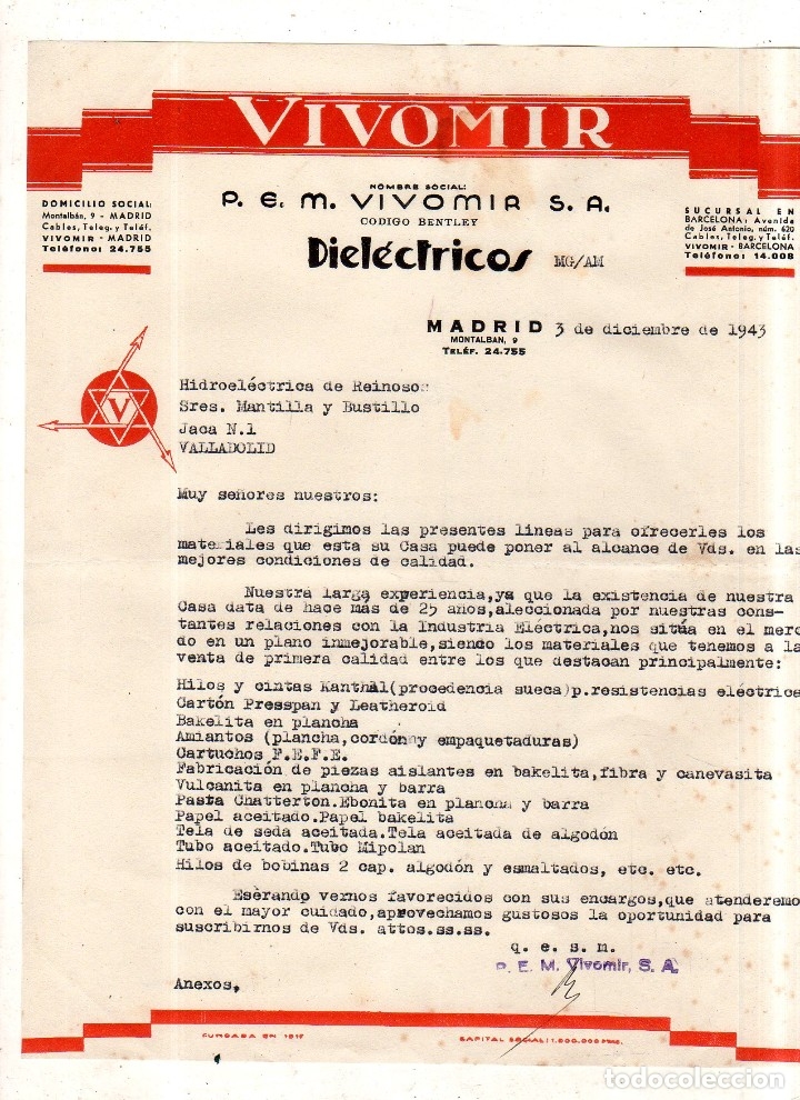 Catalogues publicitaires: CARTA COMERCIAL. VIVOMIR. DIELECTRICOS. 1943.