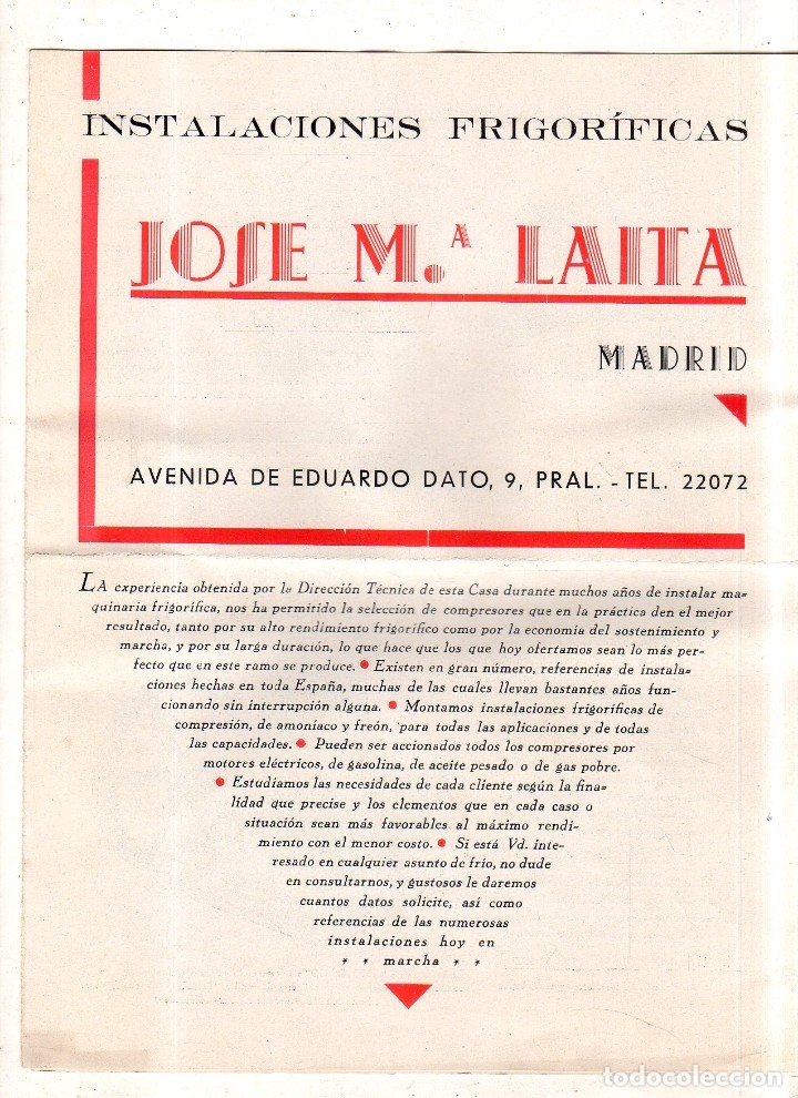 Catalogues publicitaires: CATALOGO PUBLICITARIO DE INSTALACIONES FRIGORIFICAS. JOSE M&ordf; LAITA. VER FOTOS.