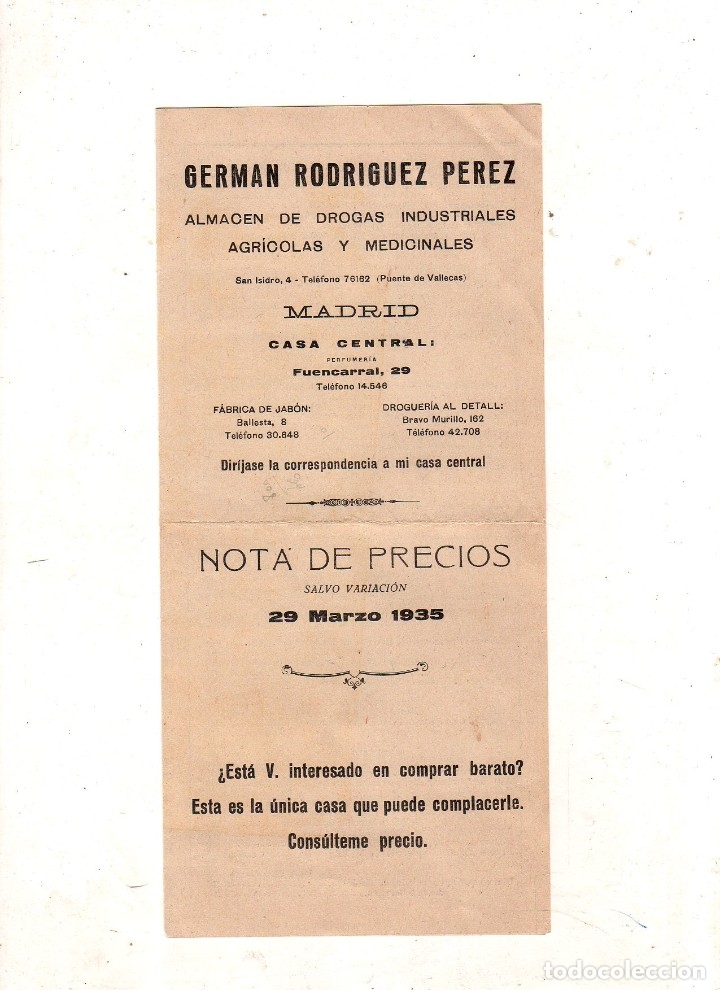 Catalogues publicitaires: CATALOGO PUBLICITARIO DE GERMAN RODRIGUEZ PEREZ. DROGAS INDUSTRIALES. NOTA DE PRECIOS. 1935.