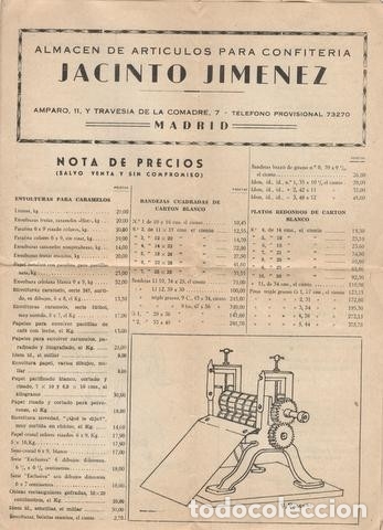 Werbekataloge: NOTA DE PRECIOS ALMAC&Eacute;N DE ART&Iacute;CULOS PARA CONFITER&Iacute;A JACINTO JIM&Eacute;NEZ (Madrid)