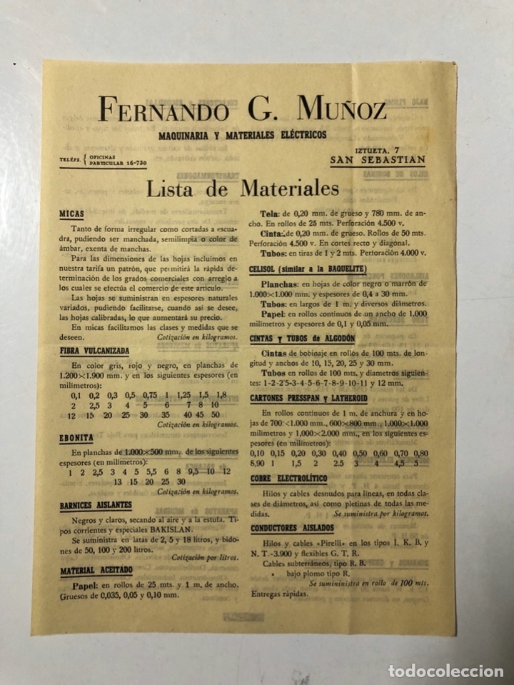 Werbekataloge: LISTA DE MATERIALES DE MAQUINARIA Y MATERIALES ELECTRICOS. FERNANDO G. MU&Ntilde;OZ. SAN SEBASTI&Aacute;N.