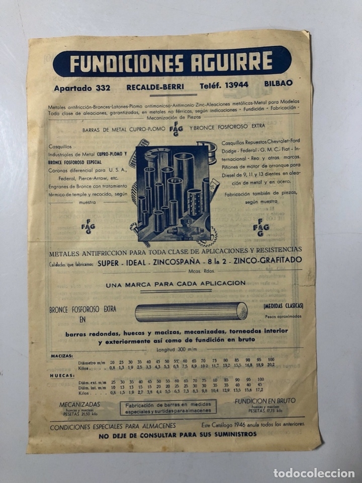 Werbekataloge: CATALOGO PUBLICITARIO. FUNDICIONES AGUIRRE. BARRAS DE METAL Y BRONCE. BILBAO, 1949.