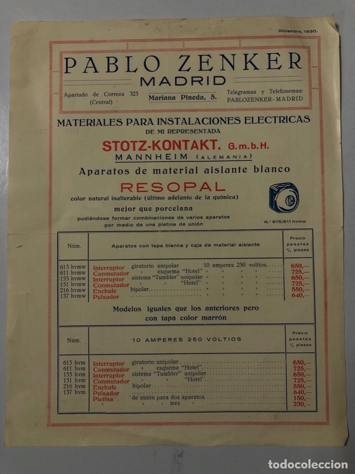 Werbekataloge: LISTA DE PRECIOS DE MATERIALES PARA INSTALACIONES ELECTRICAS. PABLO ZENKER. MADRID, 1930