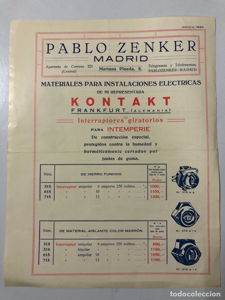 Werbekataloge: LISTA DE PRECIOS DE MATERIALES PARA INSTALACIONES ELECTRICAS. PABLO ZENKER. MADRID, 1930