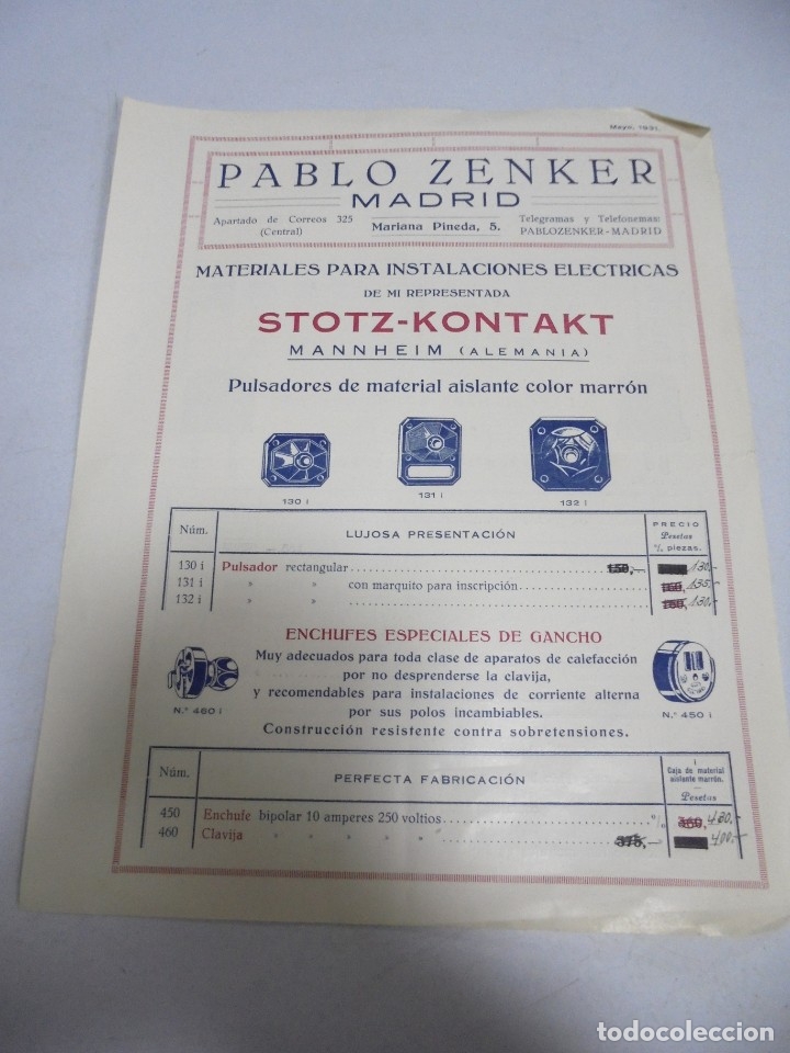 Werbekataloge: FOLLETO PUBLICITARIO Y PRECIOS. PABLO ZENKER. MADRID. MATERIALES PARA INSTALACION ELECTRICA.