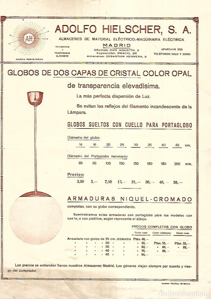 Catalogues publicitaires: HOJA PUBLICITARIA. ADOLFO HIELSCHER S.A. MADRID. GLOBOS DE DOS CAPAS DE CRISTAL. CON PRECIOS. VER