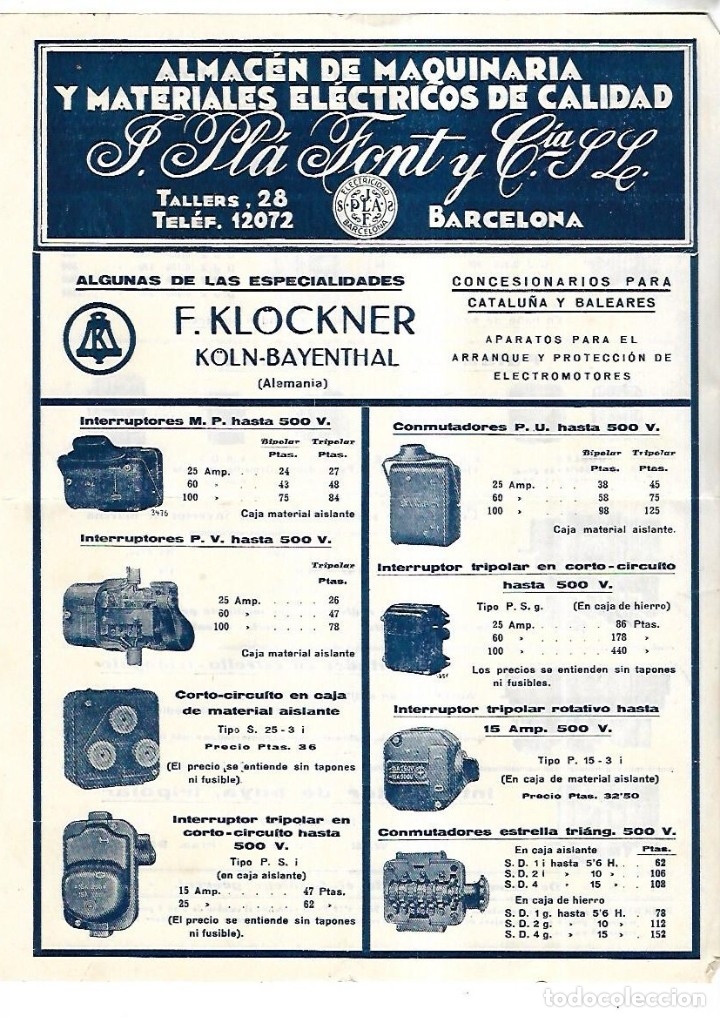 Catalogues publicitaires: FOLLETO PUBLICITARIO. J.PLA FONT Y CIA. BARCELONA. MAQUINARIA Y MATERIALES ELECTRICOS. CON PRECIOS.