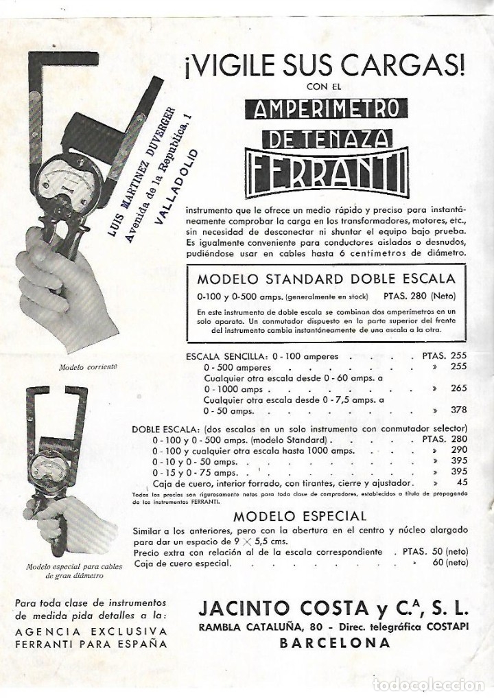 Catalogues publicitaires: FOLLETO PUBLICITARIO. AMPERIMETRO DE TENAZA FERRANTI. CON PRECIOS. JACINTO COSTA Y CIA. BARCELONA