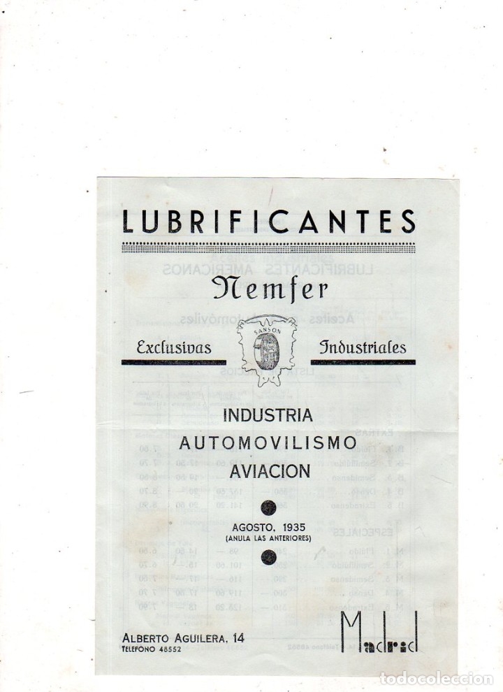 Catalogues publicitaires: CATALOGO PUBLICITARIO DE LUBRICANTES NEMFER. INDUSTRIA AUTOMOVILISMO AVIACION. 1935. VER FOTOS.