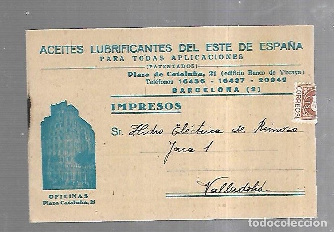 Catalogues publicitaires: TARJETA POSTAL CON PUBLICIDAD DE FARMACIA. ACEITES LUBRICANTES. BARCELONA. VER