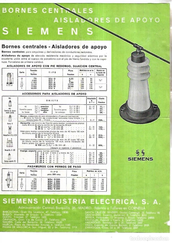 Catalogues publicitaires: PUBLICIDAD. BORNES CENTRALES / AISLADORES DE APOYO. SIEMENS. PRECIOS. VER