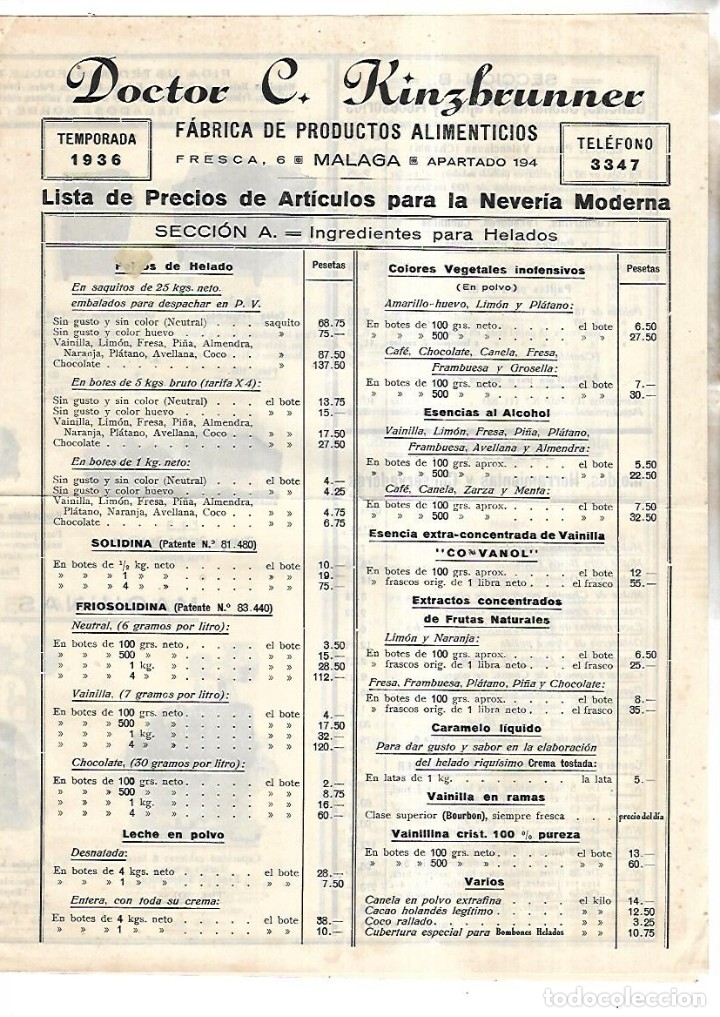Catalogues publicitaires: PUBLICIDAD. PRODUCTOS ALIMENTICIOS. DOCTOR C.KINZBRUNNER. 1936.  ILUSTRADO VER