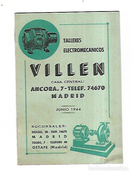 Catalogues publicitaires: LISTA DE PRECIOS. TALLERES ELECTROMECANICOS VILLEN. MADRID. JUNIO 1944. VER