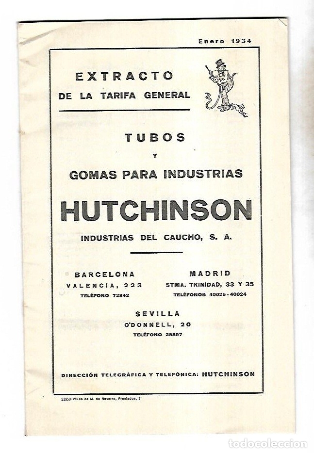 Catalogues publicitaires: CATALOGO PUBLICITARIO. ENERO 1934. TUBOS Y GOMAS PARA INDUSTRIAS. HUTCHINSON. PRECIOS. 48 PAGINAS
