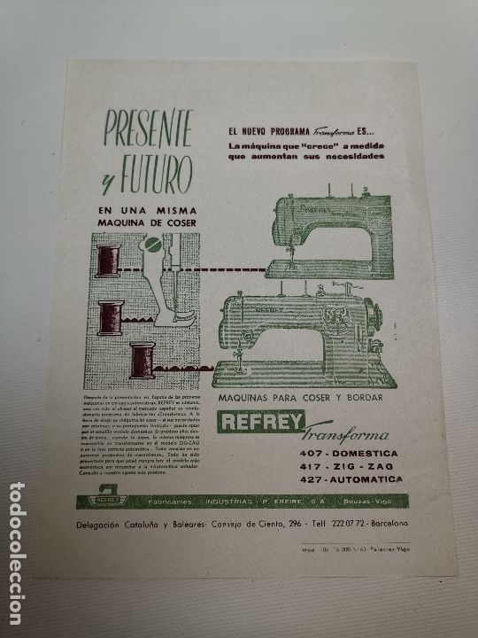 Cataloghi pubblicitari: FOLLETO PUBLICIDAD MAQUINAS DE COSER Y BORDAR REFREY--BOUZAS VIGO-- A&Ntilde;OS 60-----REF-ZZ