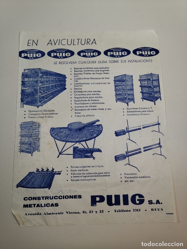 Cataloghi pubblicitari: FOLLETO PUBLICIDAD CONSTRUCCIONES METALICAS PUIG S.A  AVICULTURA -REUS TARRAGON- A&Ntilde;OS 60-----REF-ZZ
