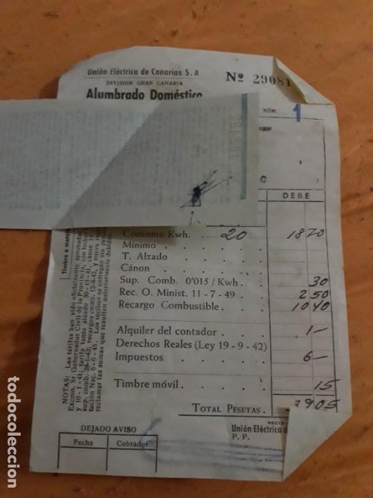Cat&aacute;logos publicitarios: Antiguo recibo alumbrado dom&eacute;stico unelco Canarias a&ntilde;o 1953