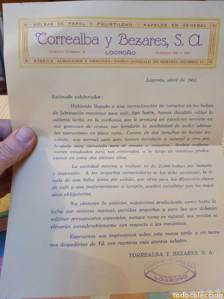 Werbekataloge: TORREALBA Y BEZARES. CATALOGO BOLSAS PAPEL. LOGRO&Ntilde;O. A&Ntilde;OS 60.