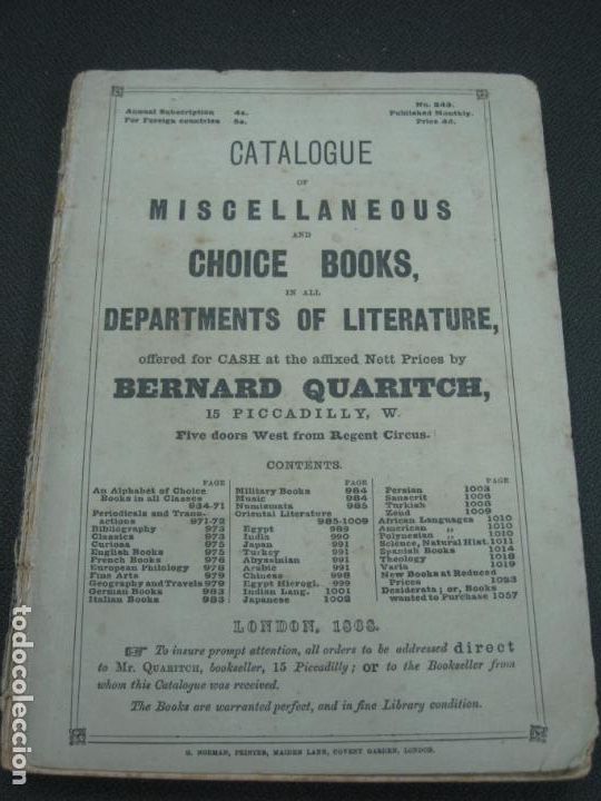 Cat&aacute;logos publicitarios: CATALOGUE OF MISCELLANEOUS AND CHOICE BOOKS.... BERNARD QUARTICH. LONDON 1868..