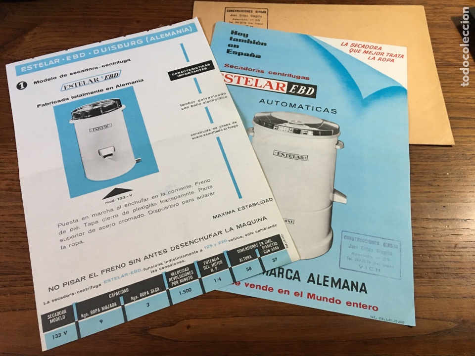 Cat&aacute;logos publicitarios: DOS HOJAS PUBLICIDAD SECADORAS CENTR&Iacute;FUGAS AUTOM&Aacute;TICAS ESTELAR EBD