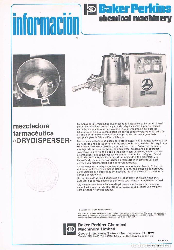 Werbekataloge: FOLLETO PUBLICIDAD EXPOQUIMIA 78 BAKER PERKINS CHEMICAL MACHINERY MEZCLADORA FARMACEUTICA