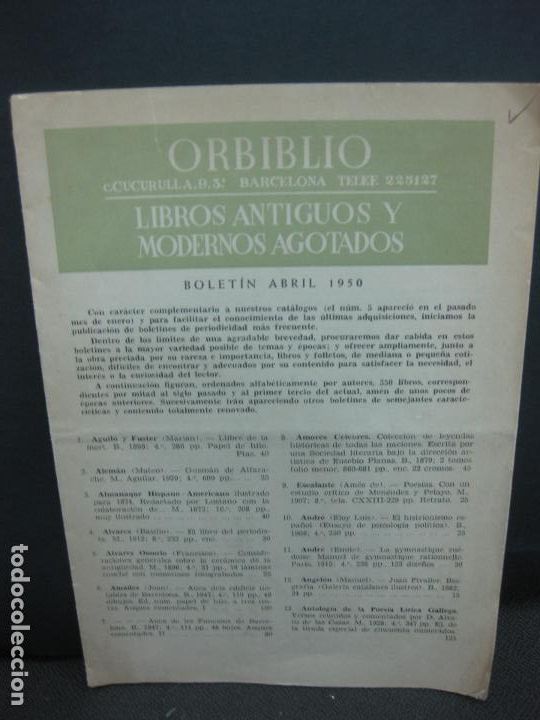 Cat&aacute;logos publicitarios: CATALOGO ORBIBLIO LIBROS ANTIGUOS Y MODERNOS AGOTADOS. BOLETIN ABRIL 1950.