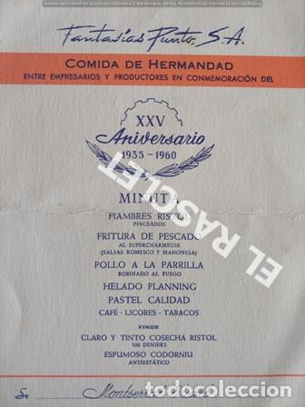 Cat&aacute;logos publicitarios: ANTIGUA  INVITACION COMIDA HERMANDAD - FANTASIAS PUNTO S.A. XXV ANIVERSARIO 1935-1960 -TARRASA-