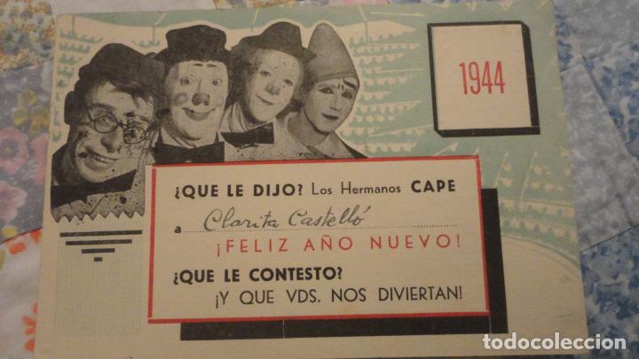 Cat&aacute;logos publicitarios: ANTIGUA TARJETA.PAYASOS.CLOWS MUSICALES.CIRCO.HERMANOS CAPE.1944