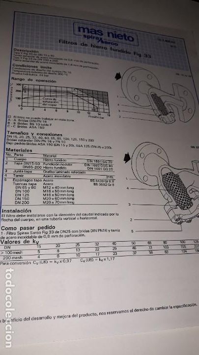 Cat&aacute;logos publicitarios: HOJA T&Eacute;CNICA MAS NIETO SPIRAX SARCO FILTROS HIERRO FUNDIDO 1993 33 L&Iacute;MITE CONDICIONES CURVA VAPOR