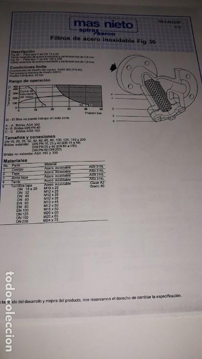 Cat&aacute;logos publicitarios: HOJA T&Eacute;CNICA MAS NIETO SPIRAX SARCO FILTROS ACERO INOXIDABLE 1993 FIG. 36 VAPOR L&Iacute;MITES CONDICIONES