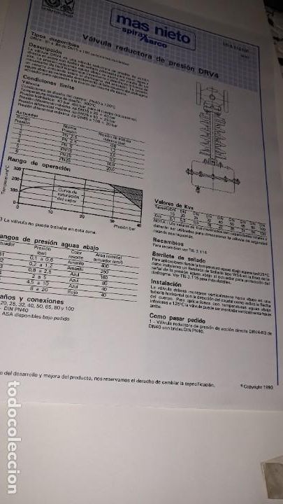 Cat&aacute;logos publicitarios: HOJA T&Eacute;CNICA MAS NIETO SPIRAX SARCO V&Aacute;LVULA REDUCTORA PRESI&Oacute;N DRV4 1993 VAPOR L&Iacute;MITES INSTALACI&Oacute;N
