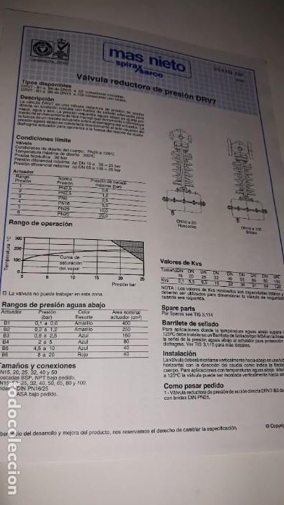 Catalogues publicitaires: HOJA T&Eacute;CNICA MAS NIETO SPIRAX SARCO V&Aacute;LVULA REDUCTORA PRESI&Oacute;N DRV7 1993 VAPOR L&Iacute;MITES INSTALACI&Oacute;N