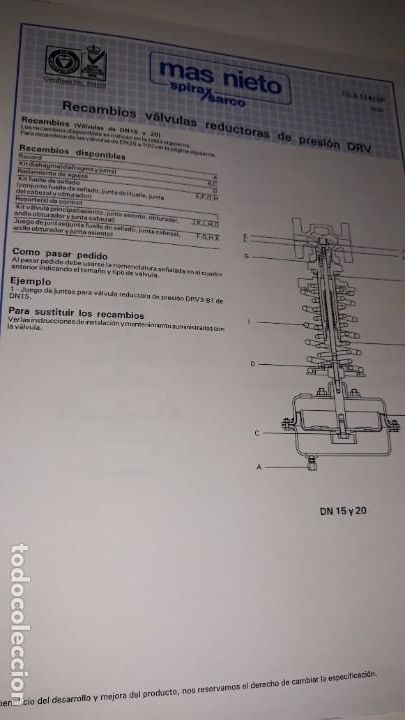 Cat&aacute;logos publicitarios: HOJA T&Eacute;CNICA MAS NIETO SPIRAX SARCO RECAMBIOS V&Aacute;LVULAS REDUCTORAS PRESI&Oacute;N DRV 1993 VAPOR SUSTITUCI&Oacute;N