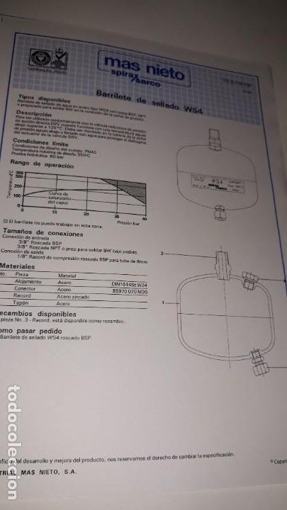 Cat&aacute;logos publicitarios: HOJA T&Eacute;CNICA MAS NIETO SPIRAX SARCO BARRILETE DE SELLADO WS4 1993 AGUA ACERO ROSCA SOLDAR PRESI&Oacute;N