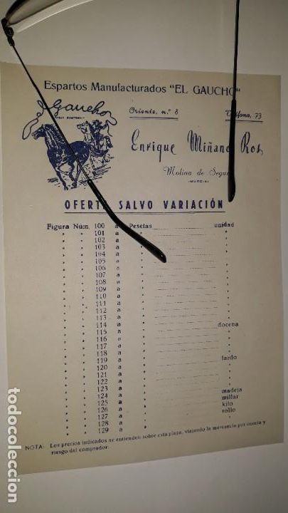 Cat&aacute;logos publicitarios: ESPARTOS MANUFACTURADOS EL GAUCHO MARCA REGISTRADA MOLINA DE SEGURA MURCIA F&Aacute;BRICA ESPARTER&Iacute;A OFERTA