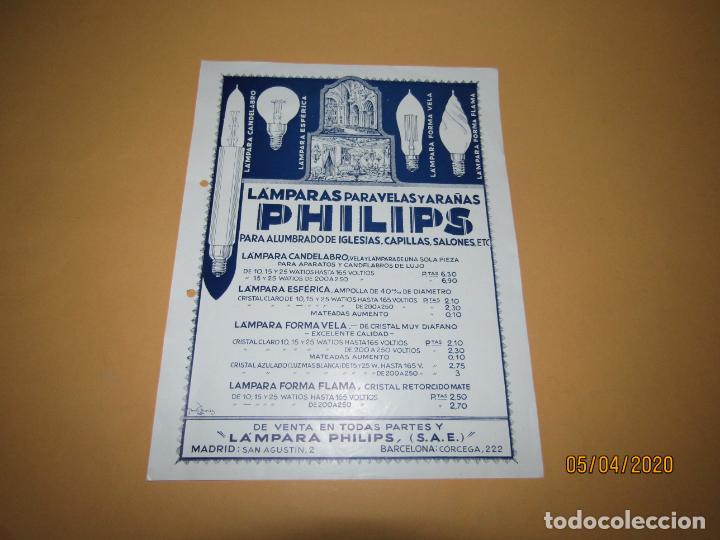Werbekataloge: Folleto Impreso a Publicidad de L&aacute;mparas para Velas y Ara&ntilde;as Alumbrado Iglesias PHILIPS - A&ntilde;o 1920s.