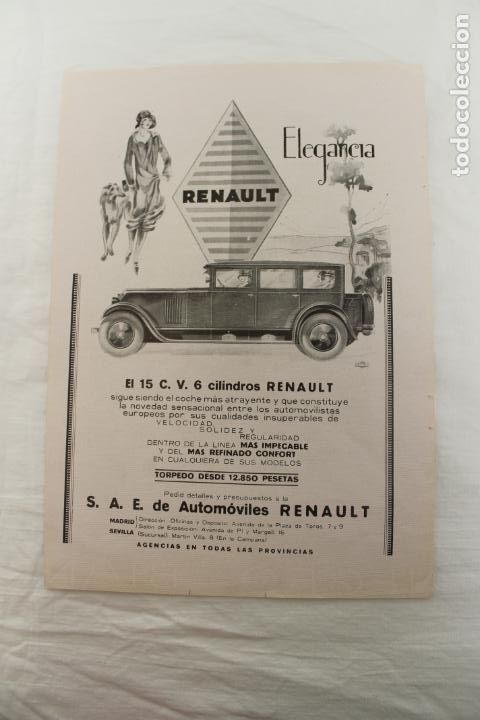 Catalogues publicitaires: HOJA DE PUBLICIDAD DE COCHE EL 15 C.V. 6 CILINDROS RENAULT TORPEDO, A&Ntilde;OS 20, REVISTA BLANCO Y NEGRO