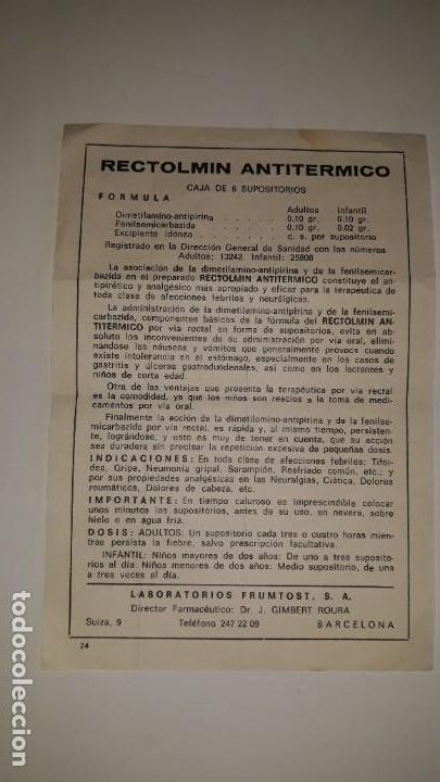 Cat&aacute;logos publicitarios: HOJA FOLLETO PUBLICIDAD FARMACIA LABORATORIOS FRUMTOST GIMBERT ROURA BARCELONA RECTOLMIN ANTIT&Eacute;RMICO