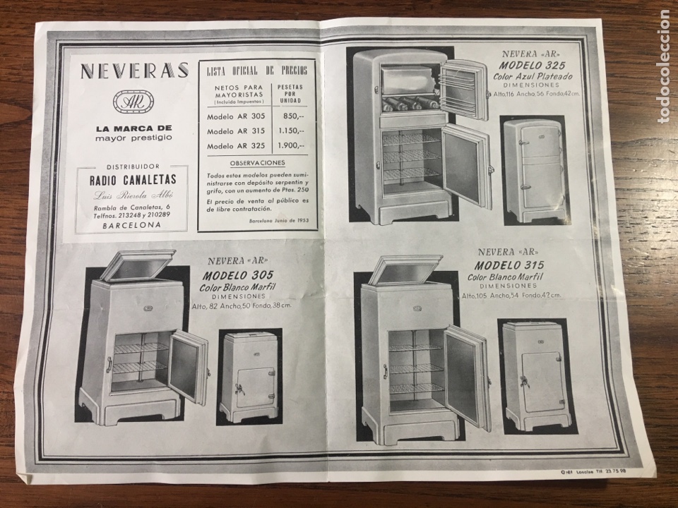Advertising Catalogs: HOJA CAT&Aacute;LOGO FOLLETO NEVERAS AR 1953 DISTRIBUIDOR RADIO CANALETAS BARCELONA