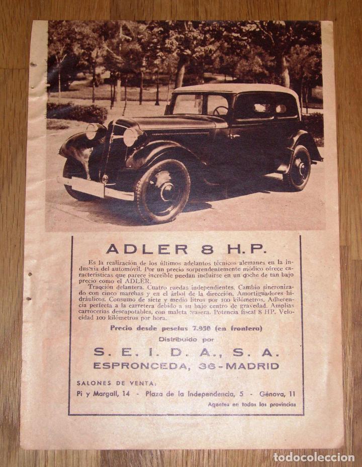 Werbekataloge: RECORTE - HOJA - PUBLICIDAD. Adler 8 H.P. / S.E.I.D.A., Madrid. - Blanco y Negro. - 1934