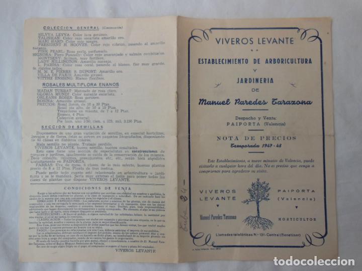 Cat&aacute;logos publicitarios: VIVEROS LEVANTE. Lista Precios temporada 1947 - 48. PAREDES TARAZONA Manuel