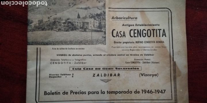 Cat&aacute;logos publicit&aacute;rios: CASA CENGOTITA ARBORICULTURA .- TARIFA DE PRECIOS 1946-47 .- ZALDIBAR.- VIZCAYA