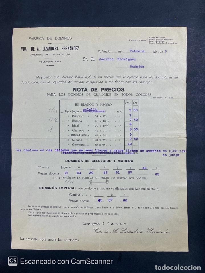 Werbekataloge: LISTA DE PRECIOS. FABRICA DE DOMINOS. VDA. DE A. LIZANDARA. VALENCIA, 1935. VER FOTOS.