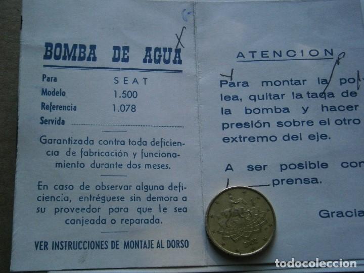Werbekataloge: ETIQUETA DE SEAT 1500, TALLER MANTENIMIENTO,DE BOMBA DE AGUA A&Ntilde;OS 60 70,,UNICA EN TC,