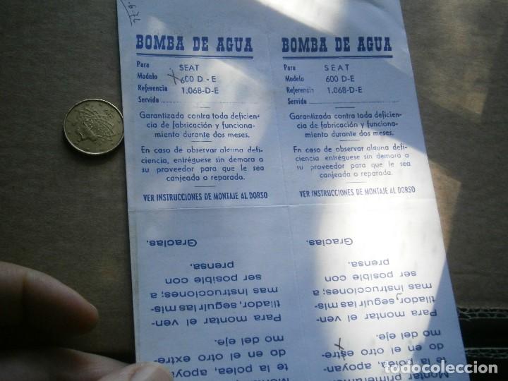 Werbekataloge: ETIQUETA DE SEAT 600, Y ,850 TALLER MANTENIMIENTO,DE BOMBA DE AGUA A&Ntilde;OS 60 70,,UNICA EN TC,